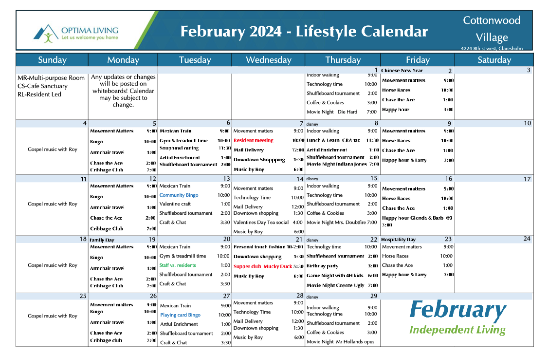Cottonwood Village February 2024 event calendar
